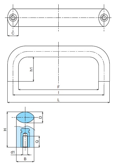 Solid Bridge Handle - Female Thread - Dimensional Drawing