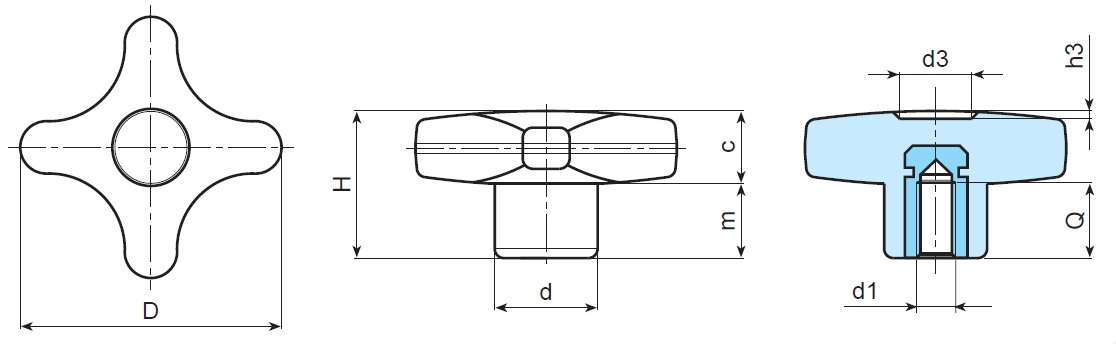 Cross Handwheel - Female Thread - Dimensional Drawing