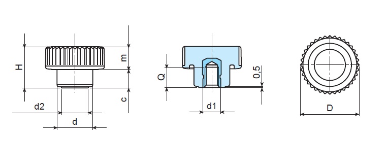 Solid Knurled Thumb Knob - Female Thread - Dimensional Drawing