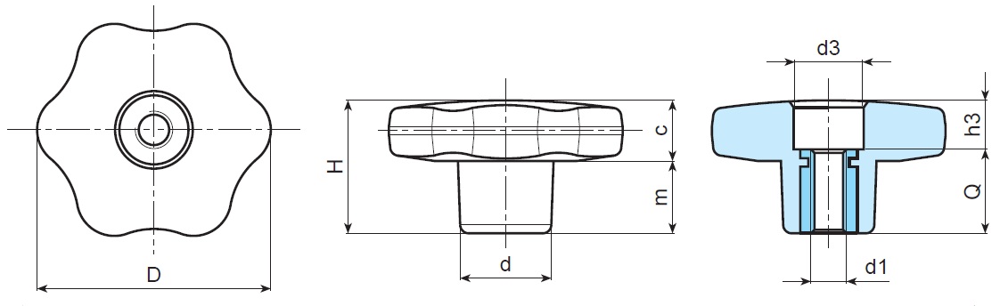 6 Point Handwheel - Through Thread - Dimensional Drawing