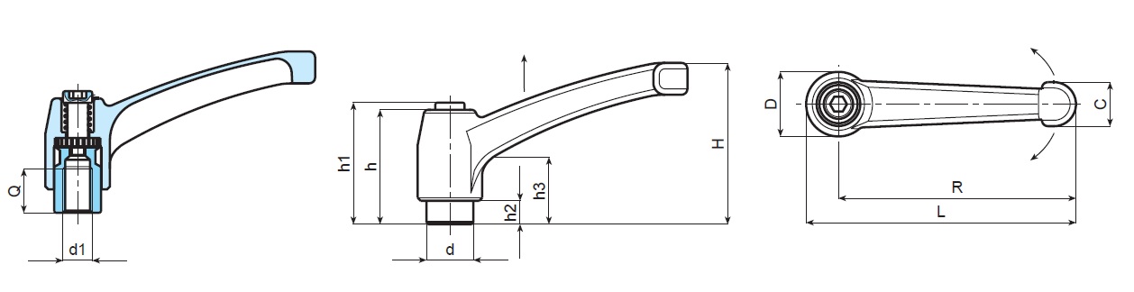 Die Cast Indexed Clamping Lever - Female Thread - Dimensional Drawing