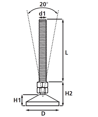 Heavy Duty Articulated Adjustable Foot - Zinc Plated Steel - Dimensional Drawing