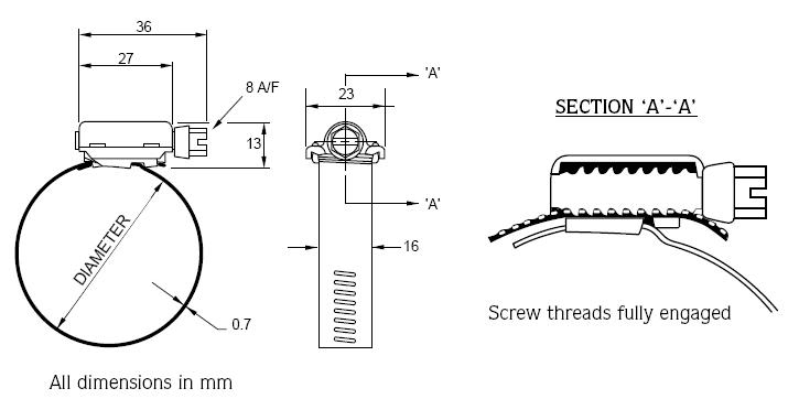 Jubilee® Hose Clips - High Torque - Dimensional Drawing